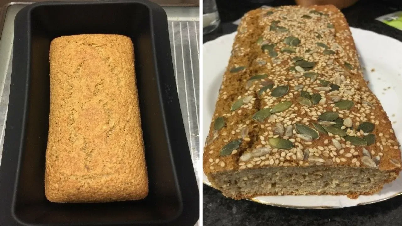 Pan de salvado de avena recién horneado, con semillas por encima